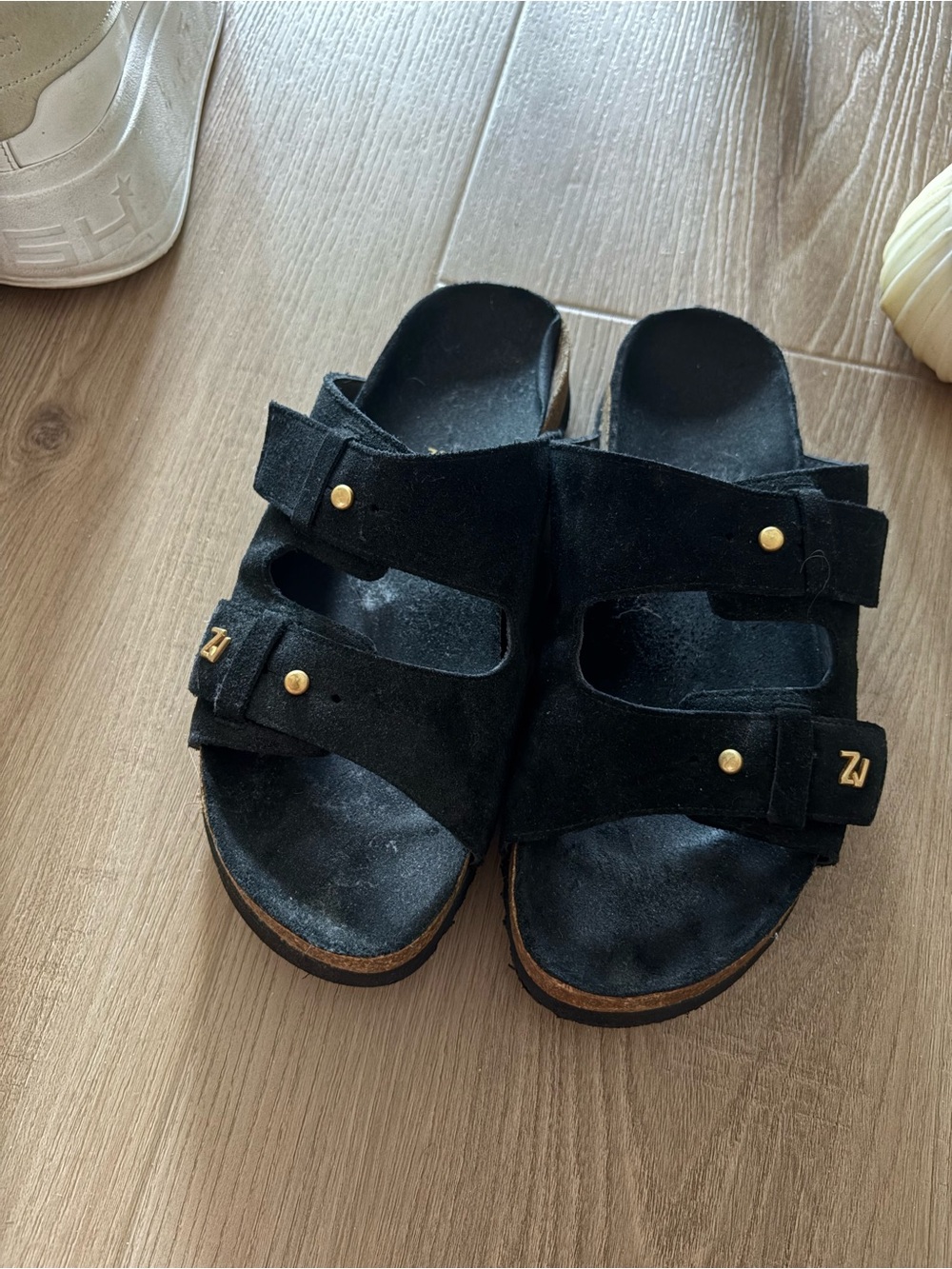 Zadig Black Suede Double-Strap Slides with Gold Accents